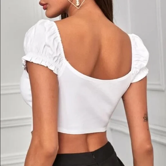 White Zip Front Puff Sleeve Crop Top - Picture 2 of 2